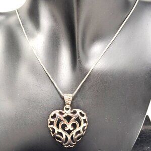 Sterling Silver Heart Pendant Necklace Puffed Filigree Scroll Milor Italy 8.9 Gr